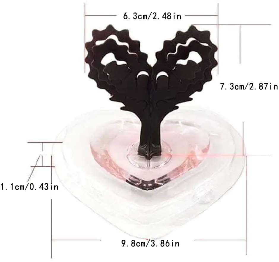 Organizador de joyas en forma de corazón con base transparente de 9.8 cm y soporte central negro de 7.3 cm de alto.