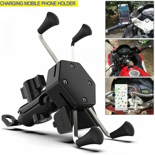Soporte para celular tipo araña negro con cargador USB integrado, incluye brazo articulado y base de montaje para manubrio de motocicleta.