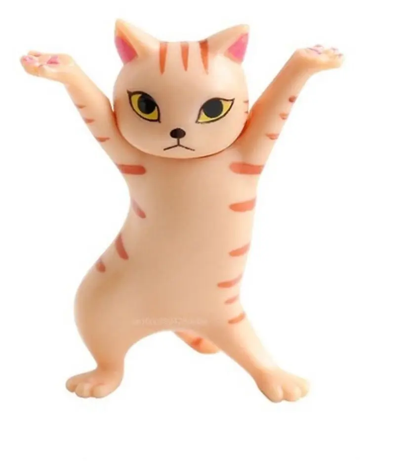 Soporte organizador de escritorio con forma de gato color crema atigrado, de pie con los brazos levantados para sostener audífonos o accesorios pequeños.