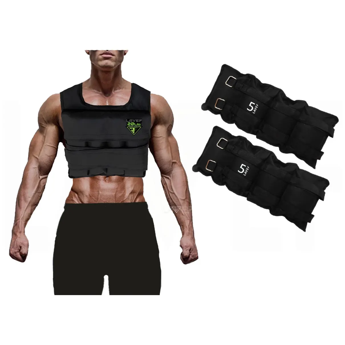 Chaleco de peso negro usado por un hombre y dos pesas tobilleras negras con el número 5, para entrenamiento de resistencia muscular.