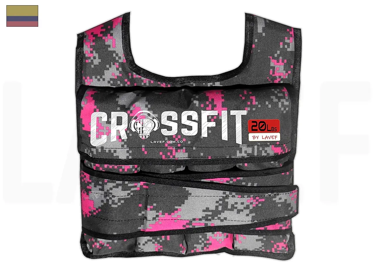 Chaleco de peso de 20 libras con patrón de camuflaje digital en negro, gris y rosa. Presenta la marca CrossFit en letras blancas sobre el pecho.