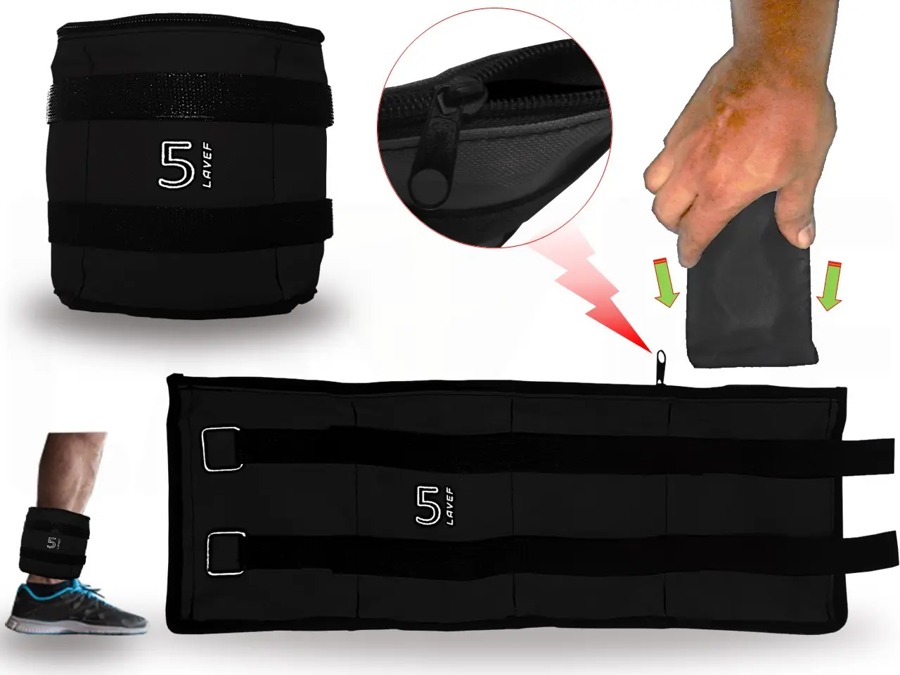 Pesas tobilleras negras de 5 libras con sistema de peso ajustable mediante insertos, detalle de cremallera y uso en el tobillo.
