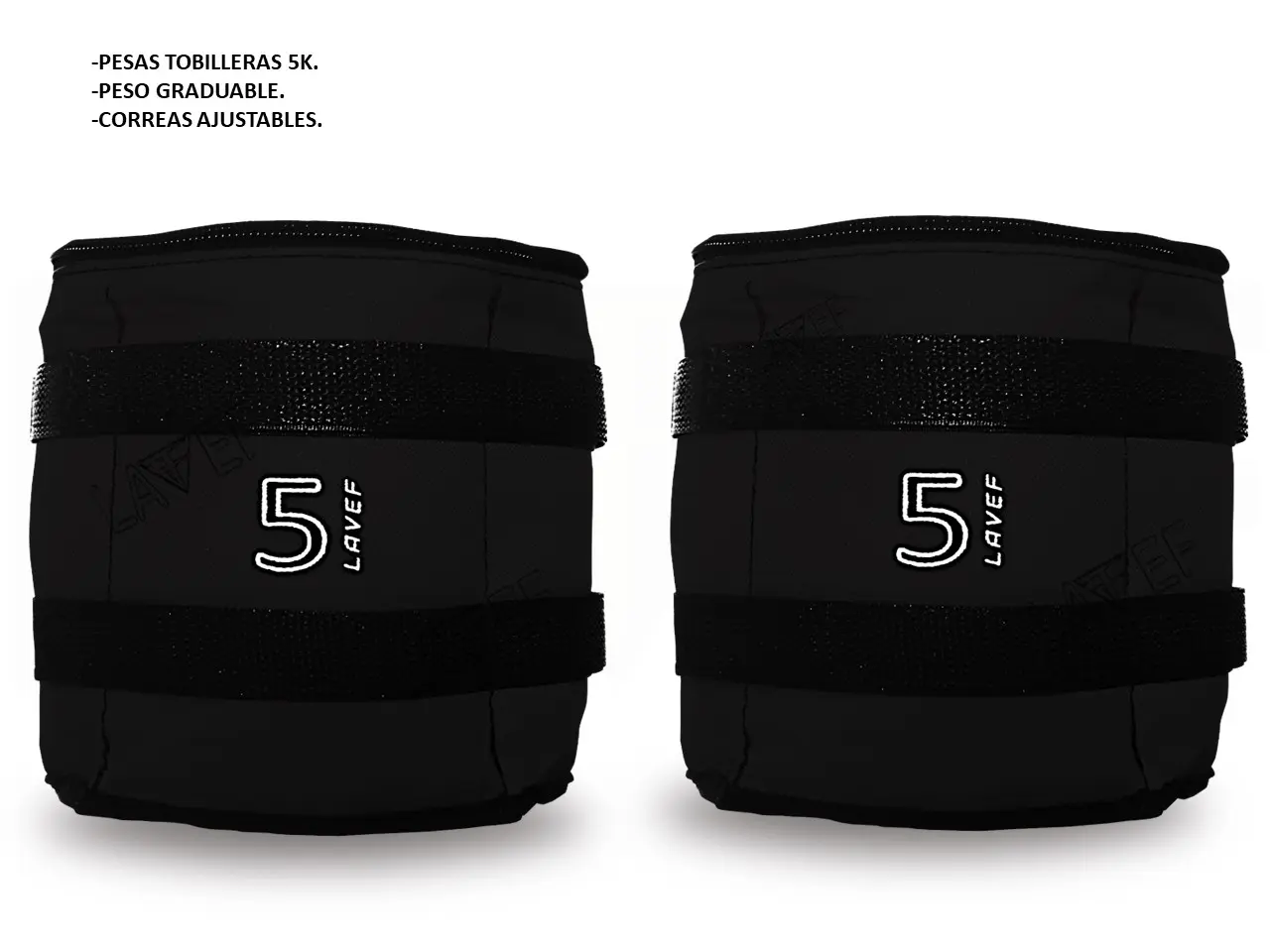 Par de pesas tobilleras negras marca LAVEF con número 5, correas de velcro ajustables y peso graduable para entrenamiento de resistencia.