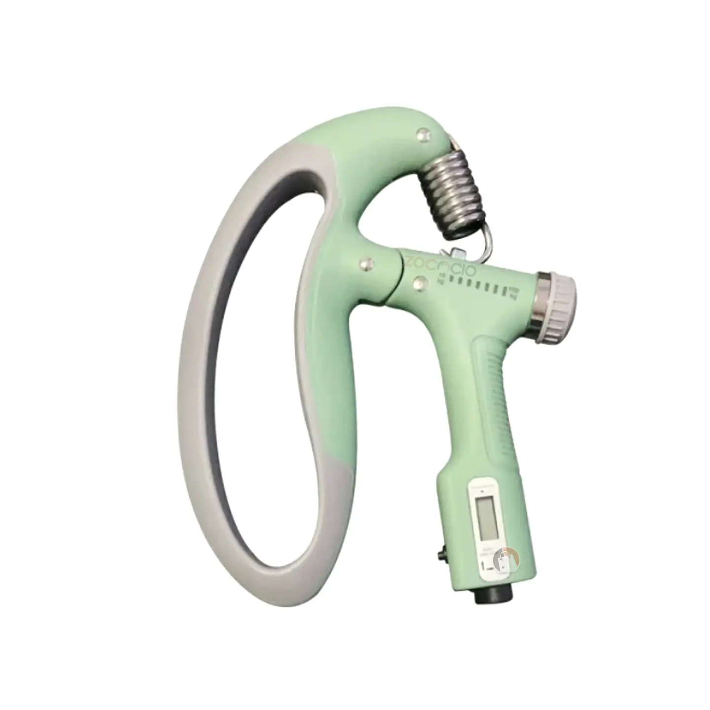 Grip de antebrazo ergonómico verde menta y gris con pantalla digital, resorte metálico y perilla de ajuste de resistencia.