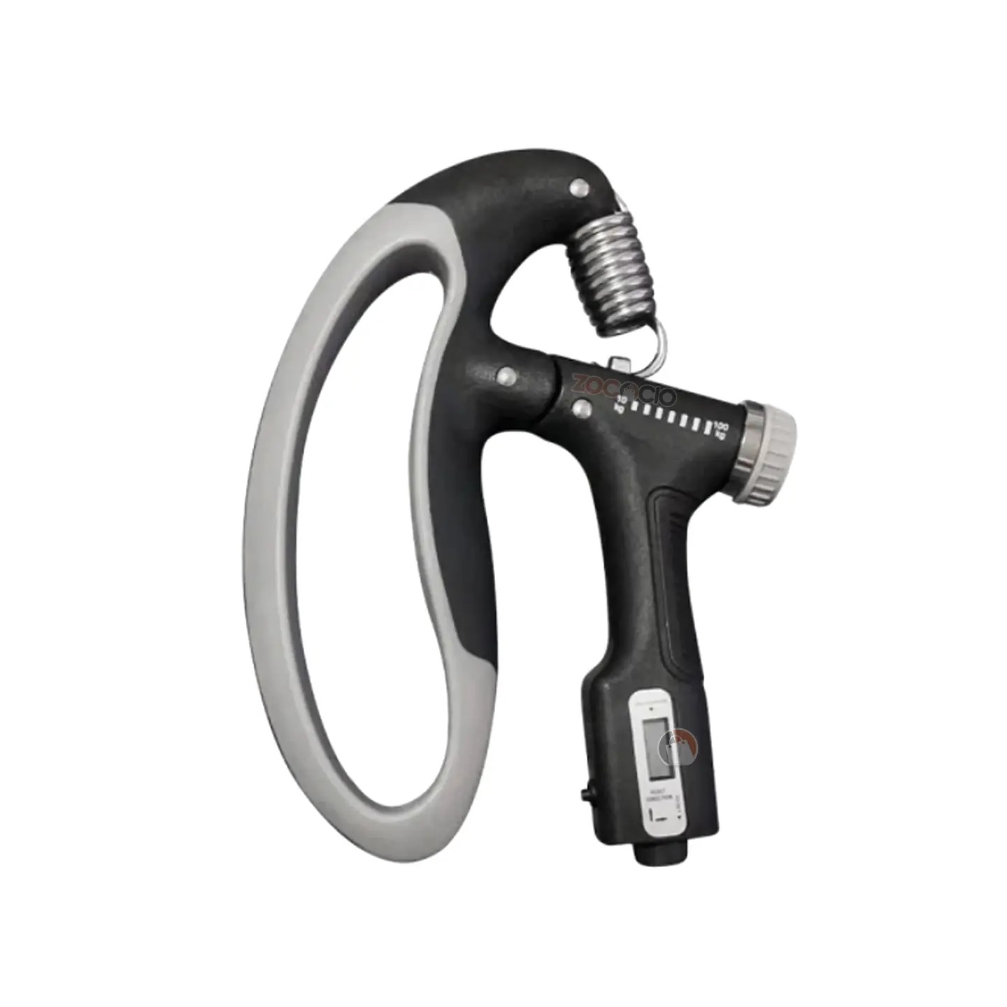 Grip fortalecedor de antebrazo ajustable en negro y gris con pantalla digital y resistencia hasta 100 kg