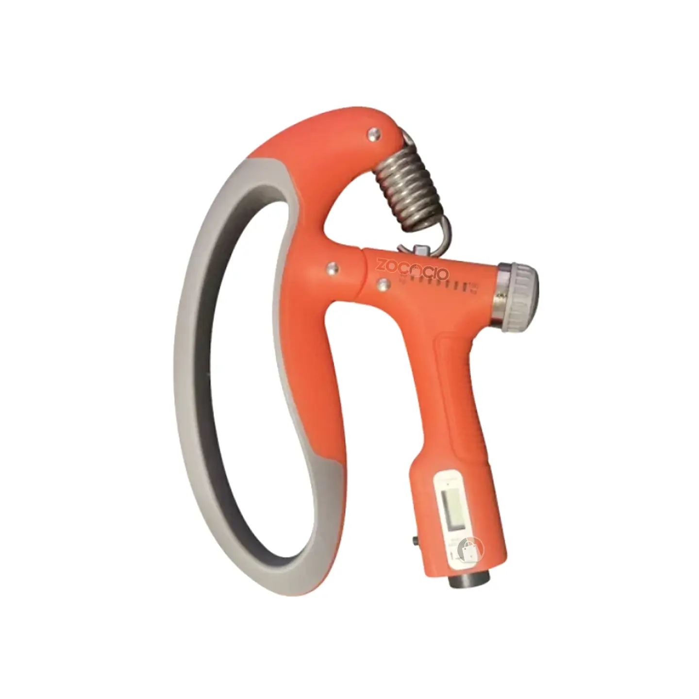 Grip fortalecedor de antebrazo naranja y gris, con pantalla digital y resistencia ajustable hasta 100 kg.