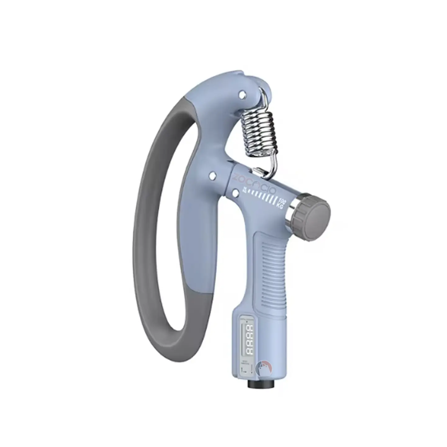 Grip fortalecedor de antebrazo azul con pantalla digital, contador, resorte ajustable hasta 100 kg y mango ergonómico gris para entrenamiento de agarre.