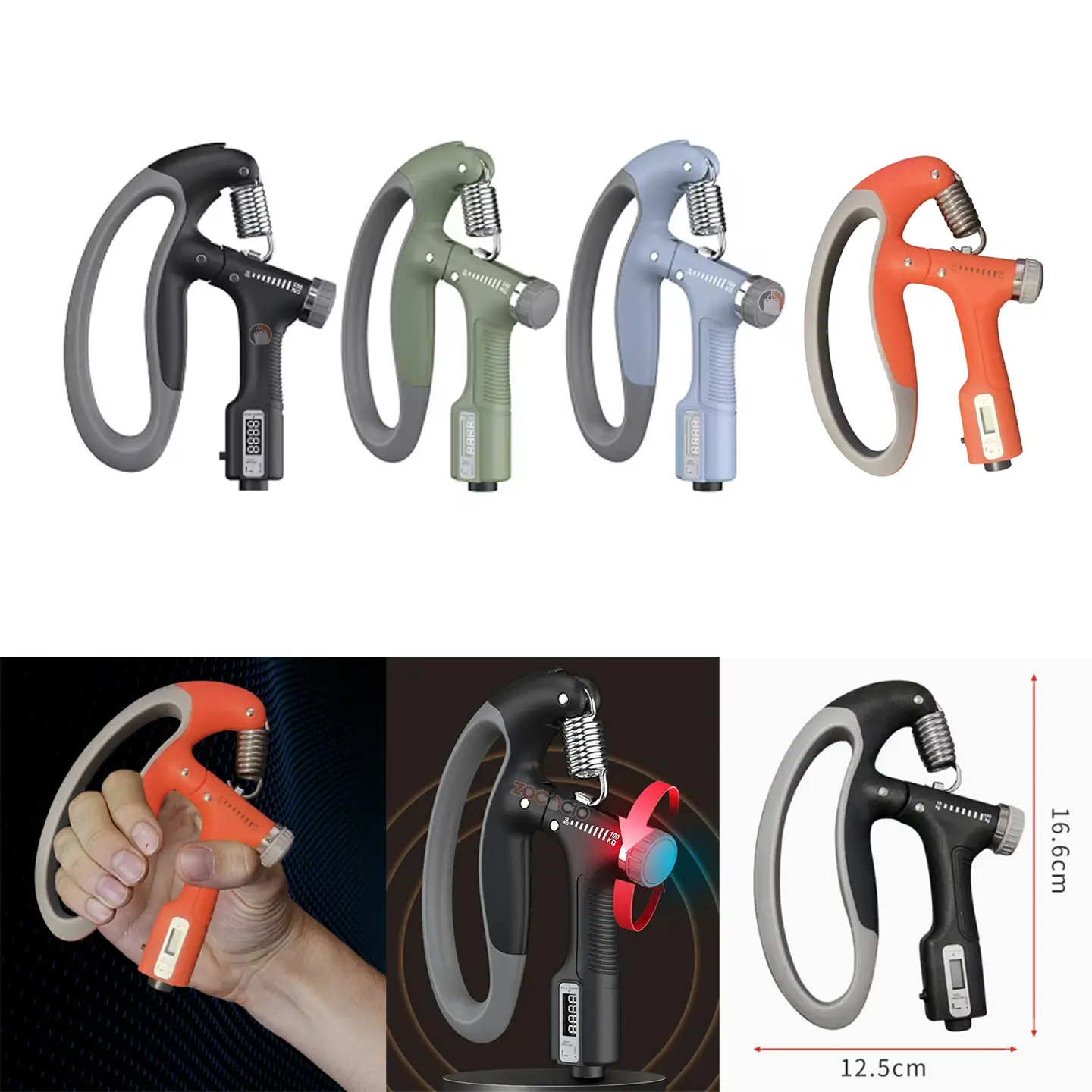 Grip fortalecedor con pantalla digital y resistencia ajustable en colores negro, verde, azul y anaranjado, de 16.6 cm de alto y 12.5 cm de ancho.