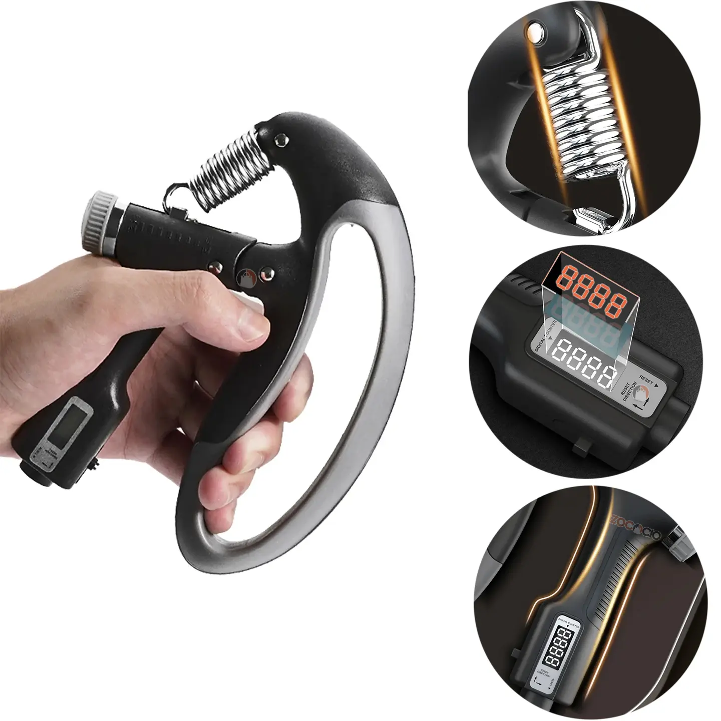 Grip fortalecedor de antebrazo color negro y gris con pantalla digital y resorte metálico de alta resistencia, mostrado en mano con tres acercamientos.