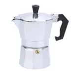 Cafetera Moka de aluminio brillante con cuerpo facetado, mango y pomo de tapa en color negro, capacidad de 60 ml.