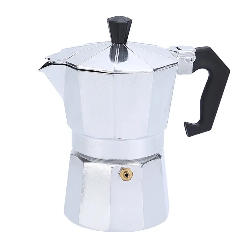 Cafetera Moka de aluminio brillante con cuerpo facetado, mango y pomo de tapa en color negro, capacidad de 60 ml.