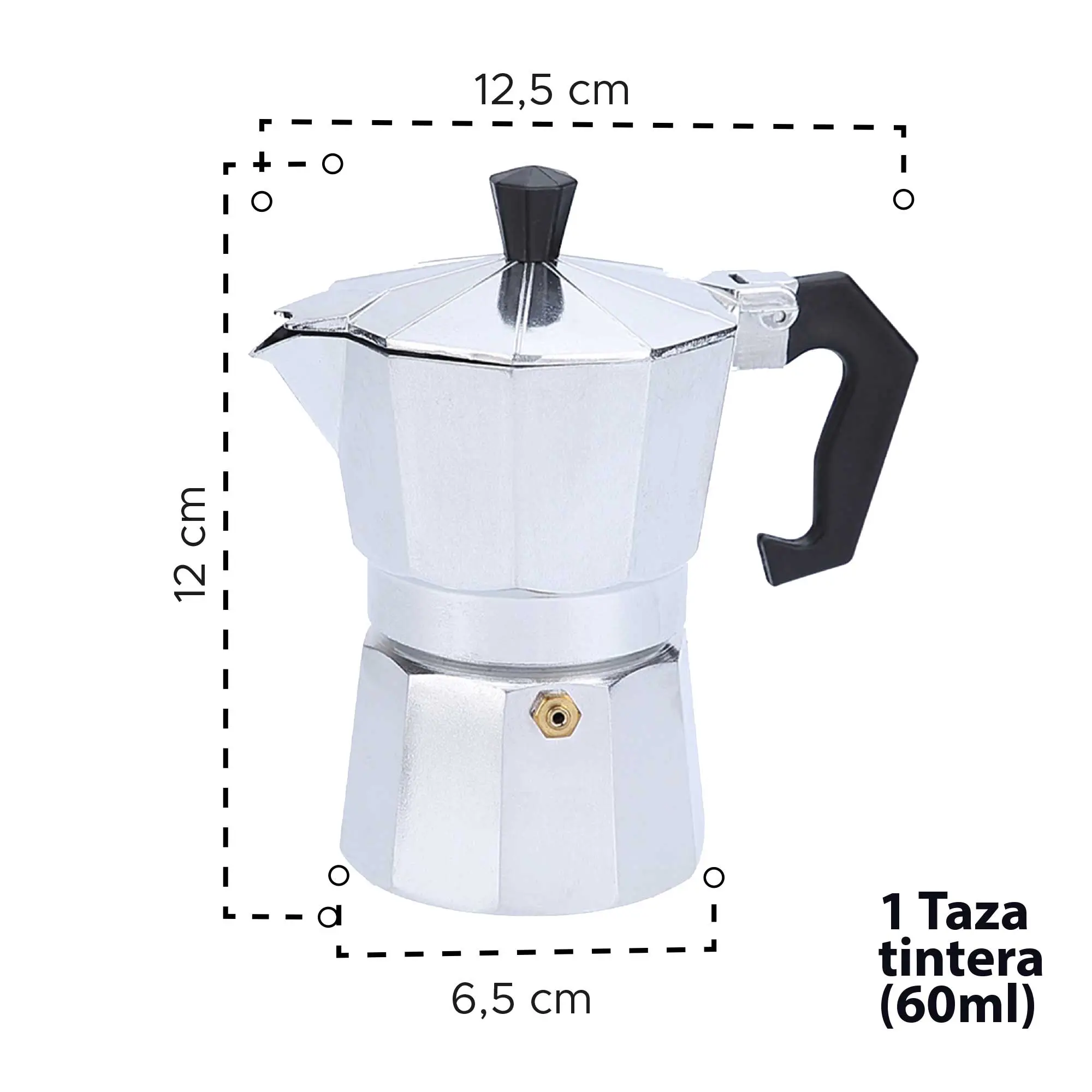 Cafetera Moka metálica plateada con mango negro. Dimensiones: 12 cm de alto, 6,5 cm de base y 12,5 cm de ancho. Capacidad de 60 ml.
