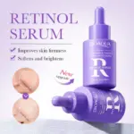 Set de dos frascos morados de sérum facial de retinol de 30ml con gotero, acompañado de texto promocional y de antes y después.