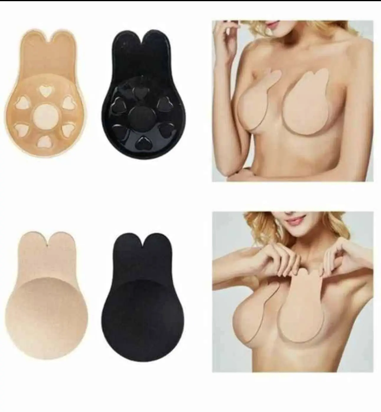 Par de sujetadores adhesivos invisibles tipo conejo en color beige y negro con diseño push-up, mostrados en empaque y aplicados en modelo para escote profundo.