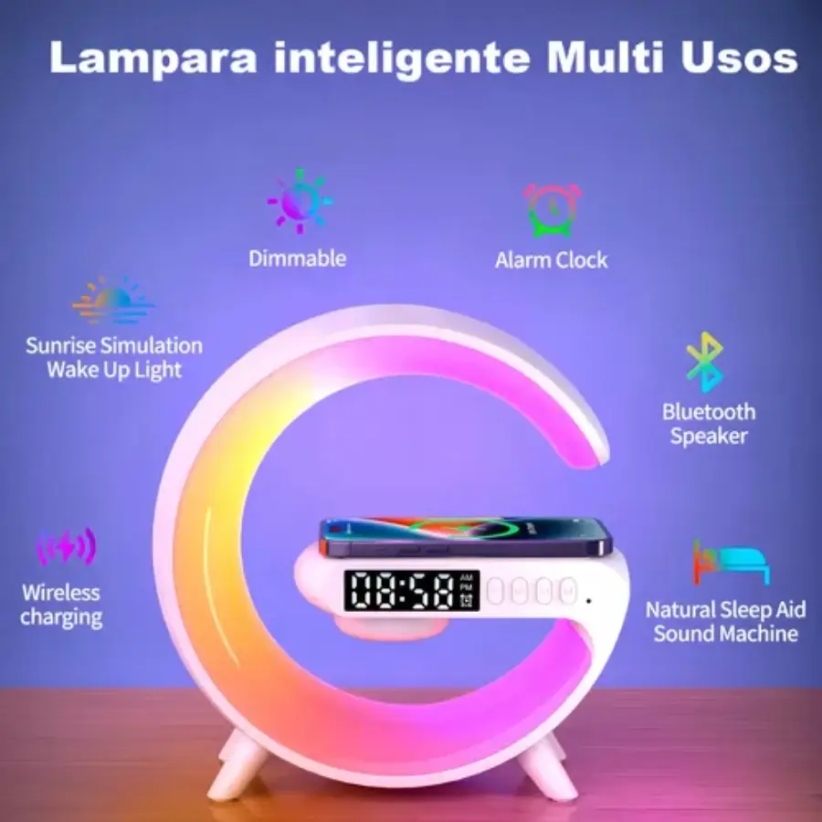 Lámpara inteligente multiusos en forma de G con luz LED RGB multicolor, reloj digital, base de carga inalámbrica y altavoz Bluetooth.