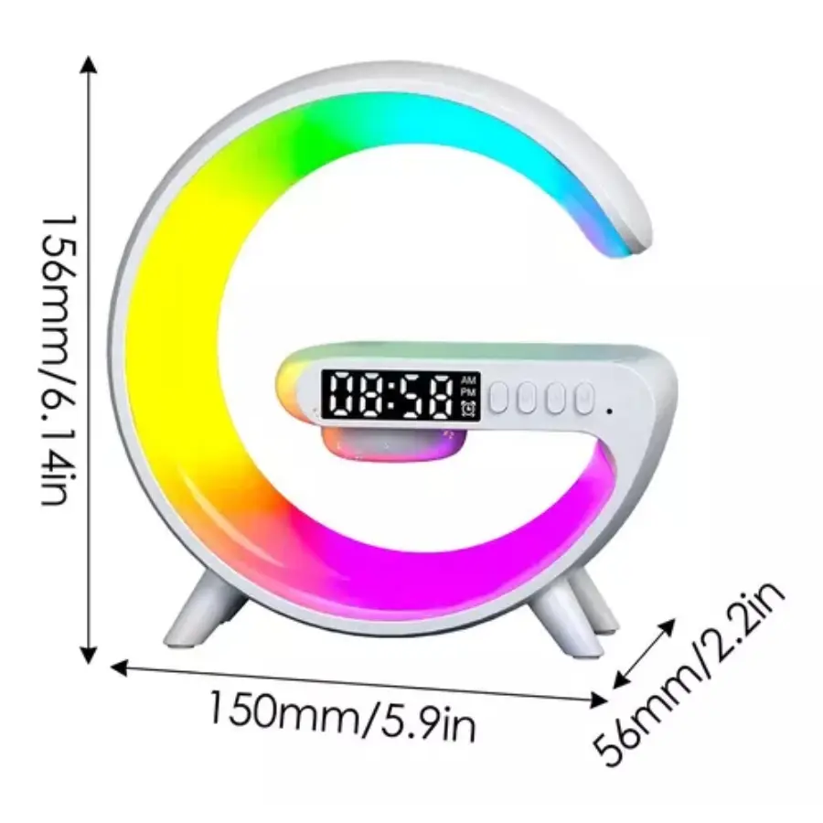 Reloj despertador LED en forma de G con luz RGB multicolor y medidas visibles de 156mm por 150mm.