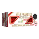 Caja rectangular blanca y roja de suplemento Vita Francesa con diseño frontal que muestra dos ventanas triangulares con gomas rojas y el logo de FitoVit.