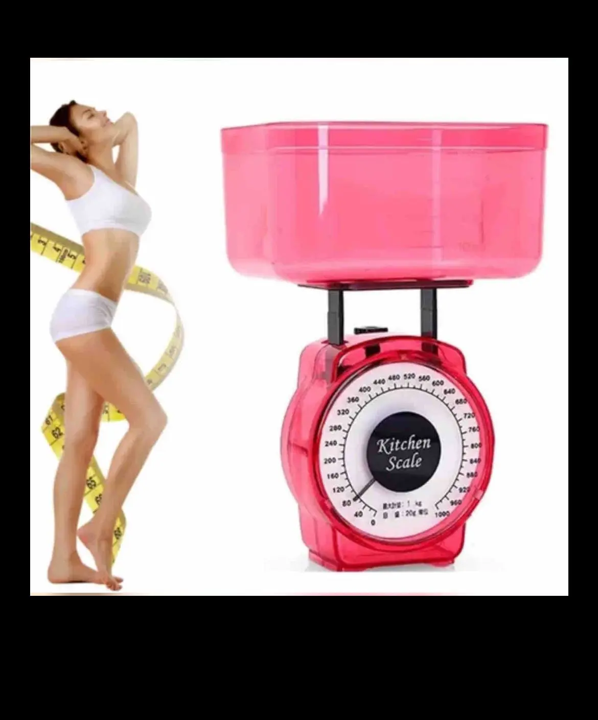 Balanza gramera de cocina color fucsia brillante con recipiente transparente extraíble y esfera analógica de medición hasta 1000g.
