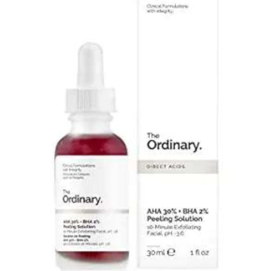 Solución exfoliante facial The Ordinary AHA 30% y BHA 2% en frasco gotero con líquido rojo y su caja blanca de 30 ml.