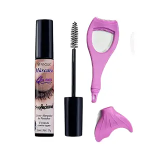 Kit de máscara de pestañas Prosa negra de 13g, aplicador, peineta rosa con espejo y accesorio de silicona rosa con forma de cola de sirena.
