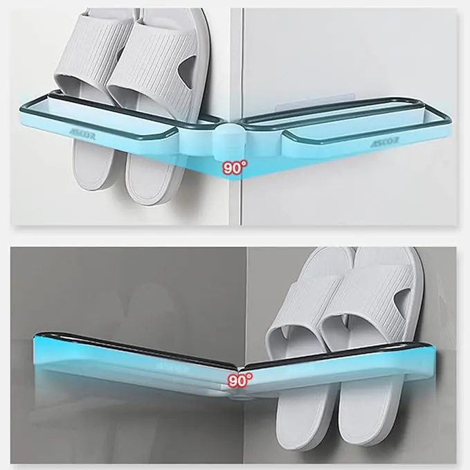 Organizador de zapatos esquinero celeste de ABS y TPR para pared, con diseño abatible de 90 grados y dos pares de zapatillas grises.