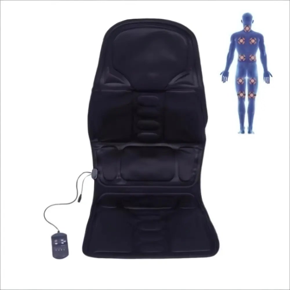 Silla masajeadora negra con control remoto y diagrama de puntos de presión corporal para alivio de tensión en espalda, cuello y piernas.