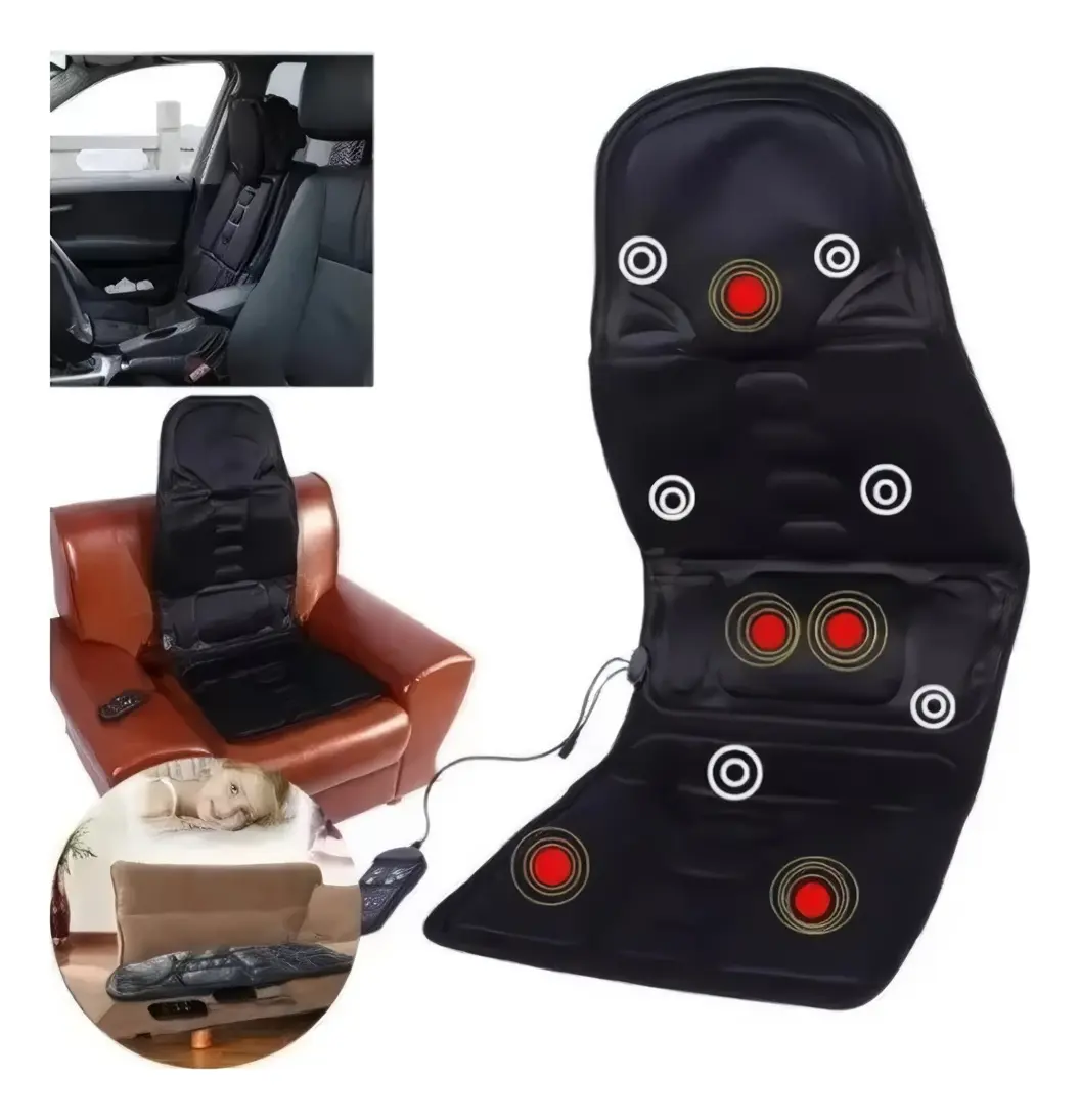 Asiento masajeador negro con nodos de calor y vibración. Se muestra en uso en un auto, un sillón de cuero y un reposapiés con control remoto.