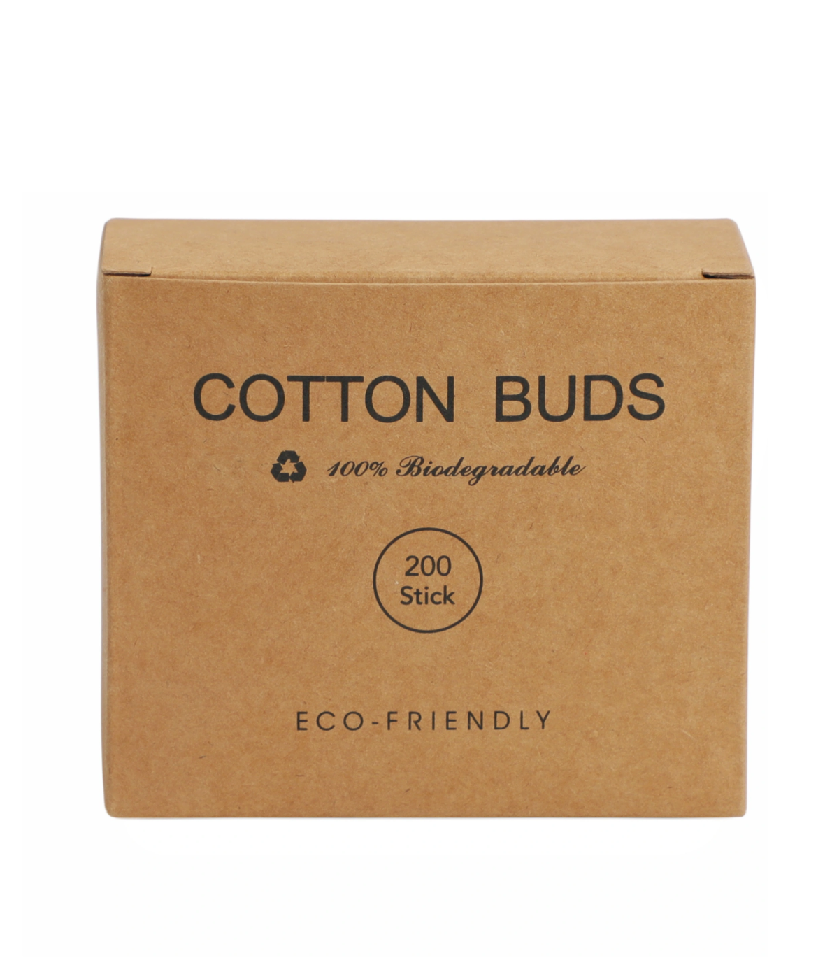 Caja cuadrada de cartón kraft marrón con diseño ecológico, letras negras que indican 200 sticks de cotton buds biodegradables.