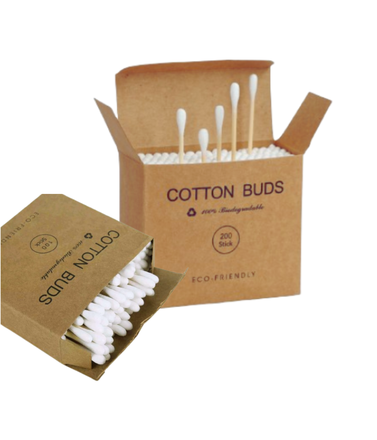 Dos cajas de cartón kraft con hisopos de algodón y bambú biodegradables, una abierta mostrando el contenido y otra con varias unidades extendidas.