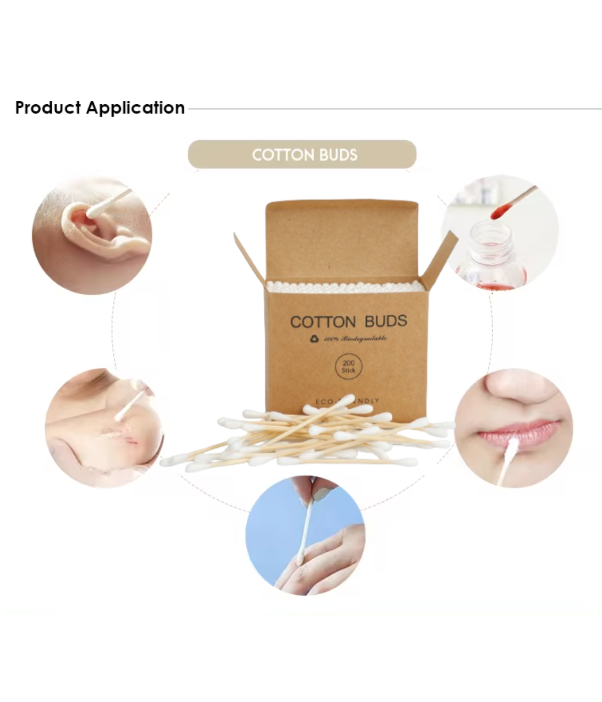 Caja dispensadora de cartón kraft con hisopos de algodón y tallo de bambú biodegradable, mostrando sus aplicaciones en higiene, maquillaje y cuidado personal.