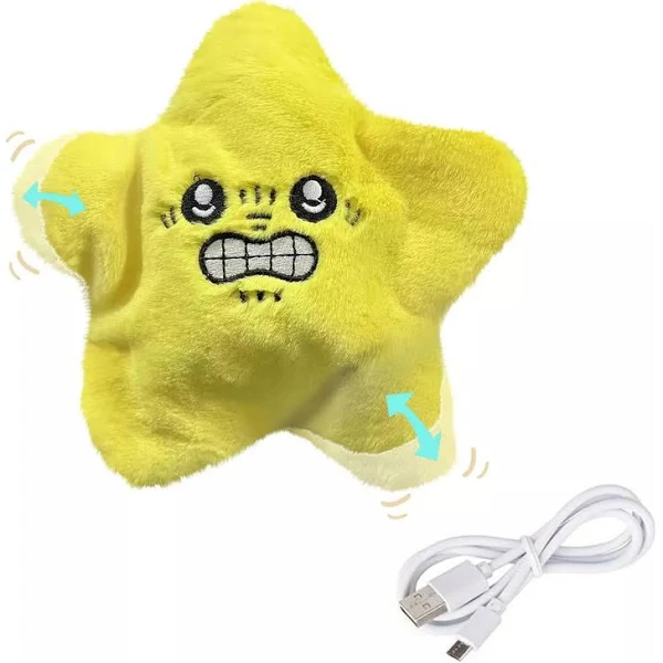 Peluche interactivo de estrella de mar amarilla con expresión enojada, textura suave, movimiento y cable USB para su carga.
