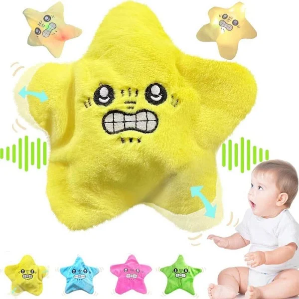 Peluche interactivo de estrella amarilla con cara enojada, movimiento y luces. Se muestran variantes en azul, rosa y verde para bebés.