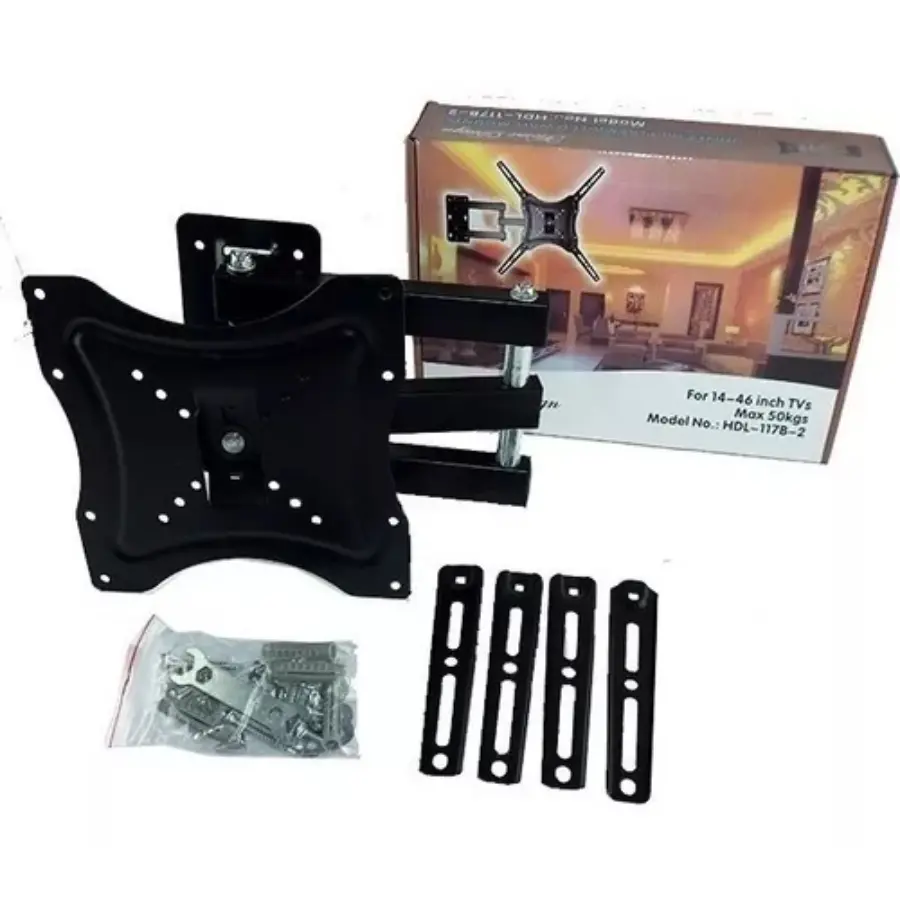 Soporte metálico negro para TV con brazo articulado, caja con modelo HDL-1178-2, cuatro extensiones y kit de instalación con tornillos