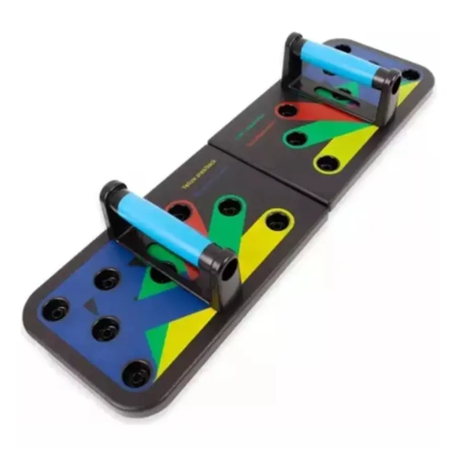 Tabla de flexiones plegable con asas ergonómicas azules y sistema de códigos de color verde, rojo, azul y amarillo para entrenar diferentes músculos.