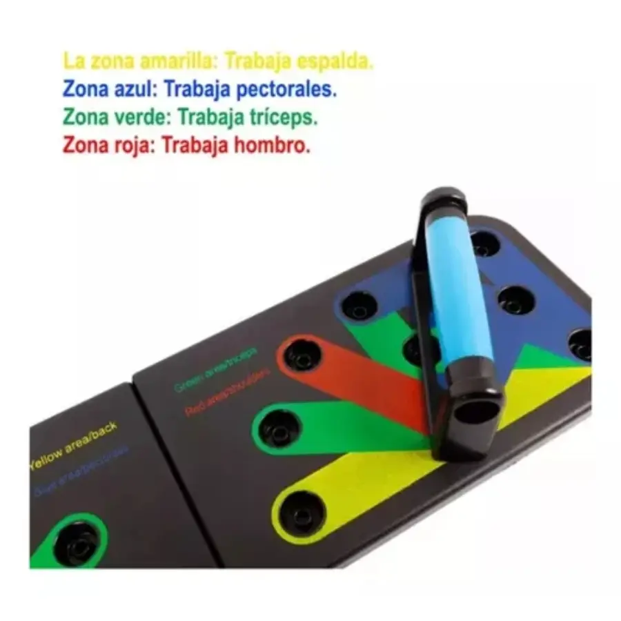 Tabla de flexiones plegable negra con asas azules y guía de colores para hombros, pecho, espalda y tríceps.