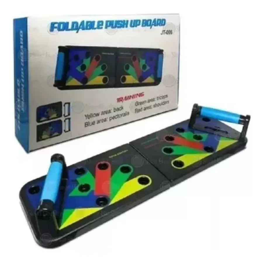 Tabla de flexiones plegable negra con asas azules y base codificada en cuatro colores para trabajar pecho, espalda, hombros y tríceps junto a su caja.