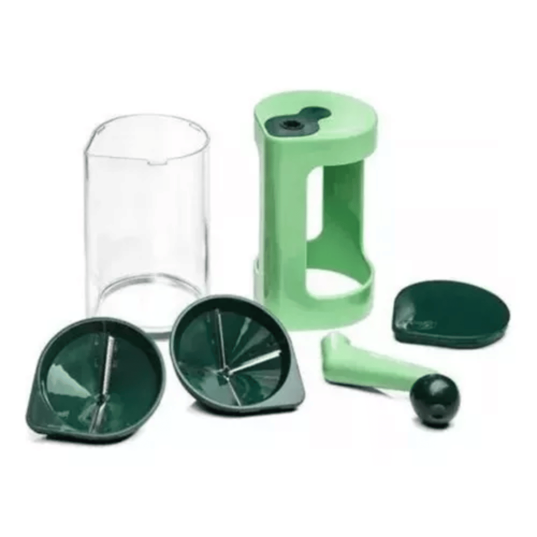 Set de espiralizador manual verde con recipiente transparente, dos cuchillas intercambiables, manivela y tapa, ideal para cortar verduras en julianas.