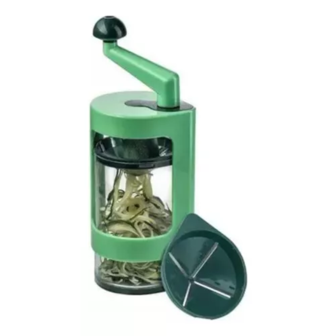 Espiralizador manual verde para verduras con recipiente transparente, manivela superior y dos cuchillas intercambiables para cortes en juliana.