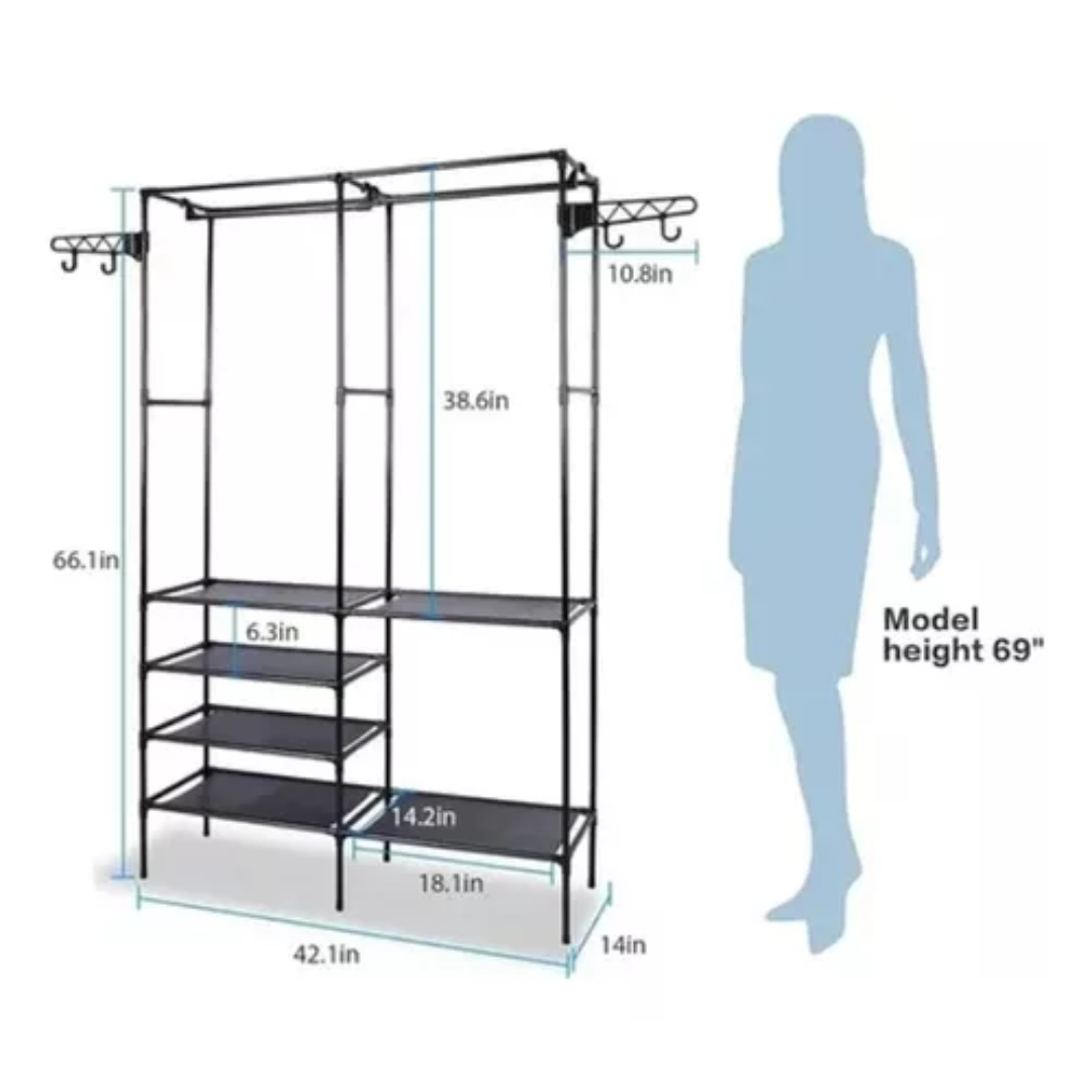 Closet esqueleto negro con dos barras para colgar, estantes laterales múltiples y ganchos externos. Medidas: 42.1 ancho, 66.1 alto, 14 profundidad.