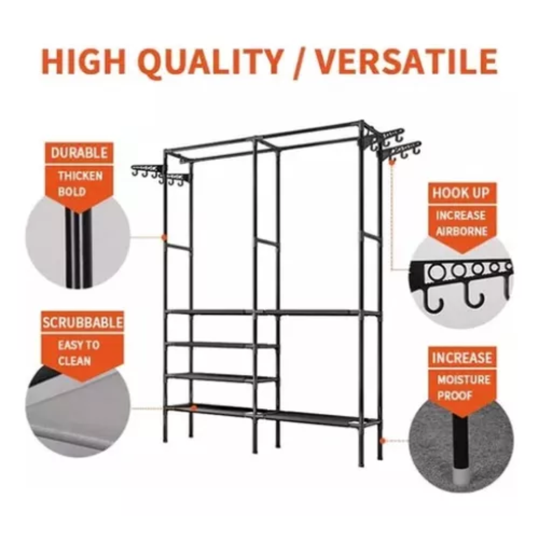 Closet esqueleto modular negro de metal con estantes ajustables, ganchos laterales y estructura reforzada para optimizar el espacio vertical.