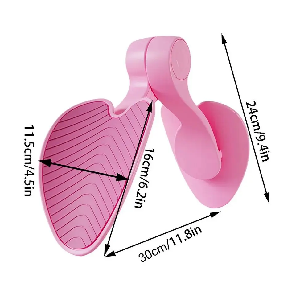 Ejercitador de suelo pélvico rosa con almohadillas estriadas y medidas visibles de 30x24 cm, diseñado para tonificación muscular en casa.