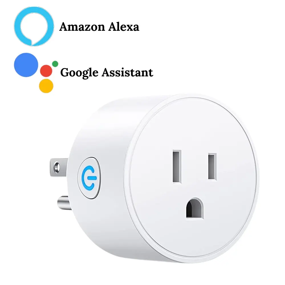 Adaptador inteligente blanco cilíndrico con toma tipo americano, botón de encendido azul y logos de compatibilidad con Alexa y Google Assistant.