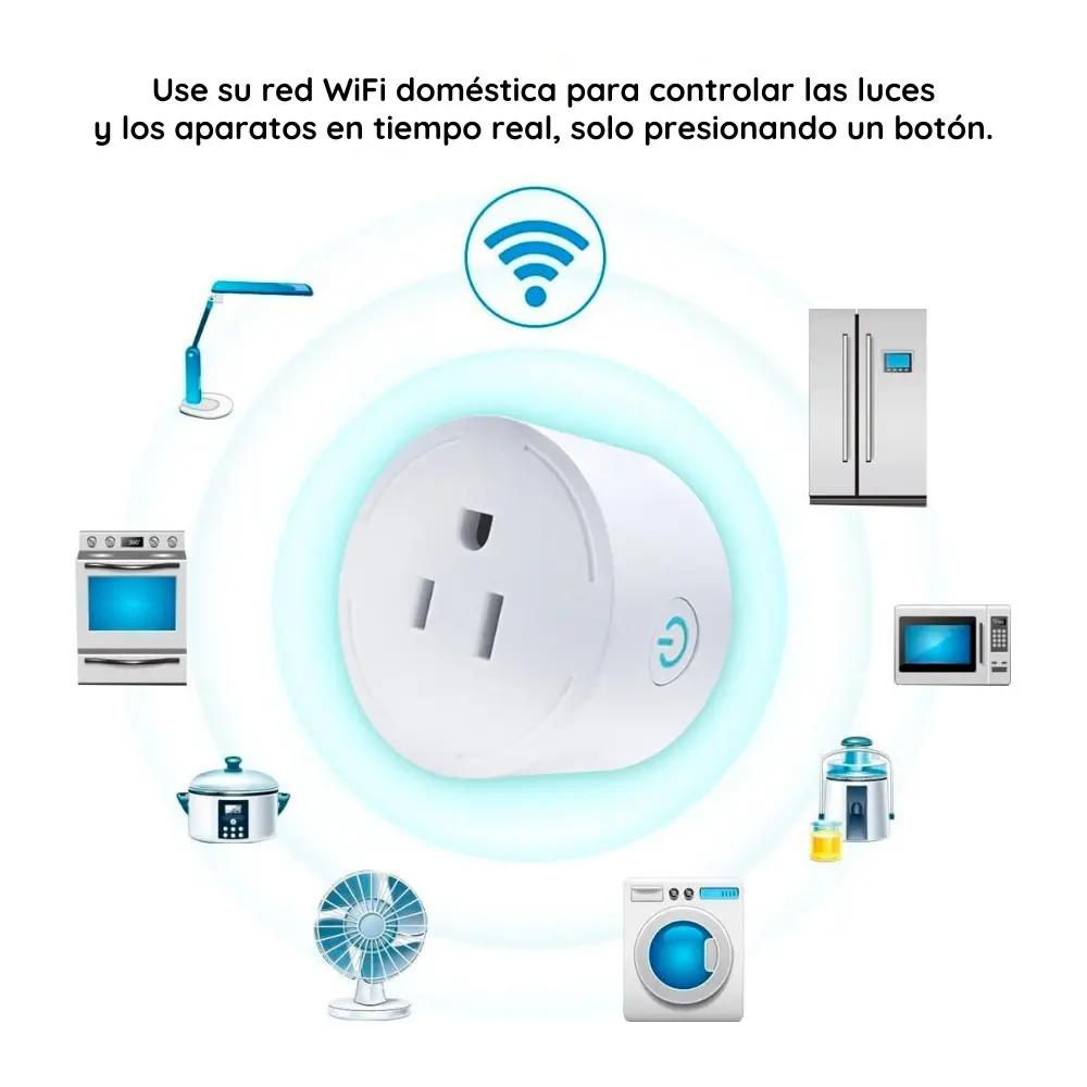 Adaptador inteligente blanco con enchufe americano, rodeado de electrodomésticos y señal WiFi para control remoto de luces y aparatos del hogar.