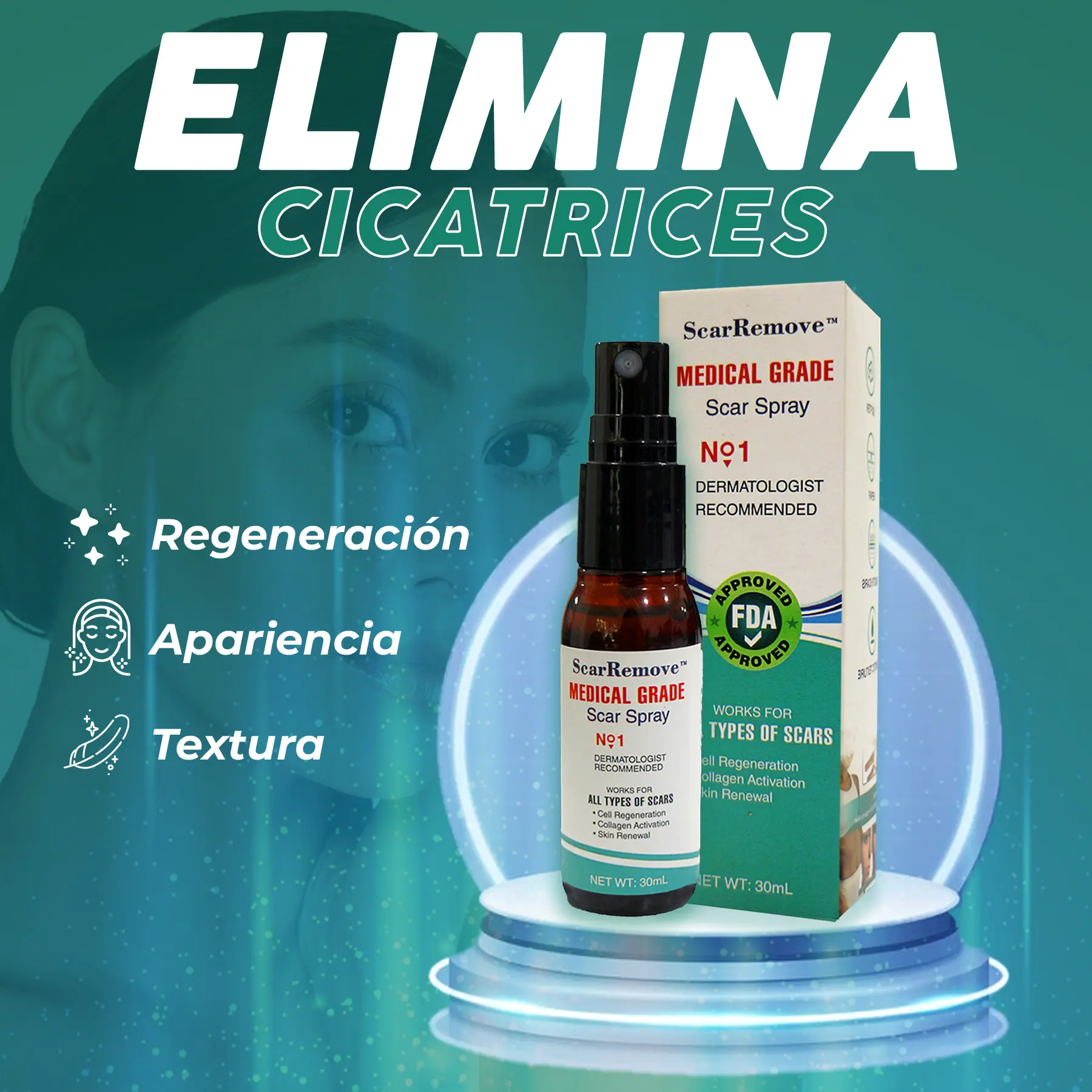 Spray médico para cicatrices y marcas de acné con colágeno - Restaura la suavidad y apariencia uniforme de tu piel