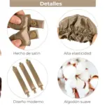 Rizador de cabello satinado color bronce con tres piezas de diseño flexible, broches a presión, gorro elástico y relleno de algodón suave.
