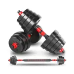 Set de mancuernas ajustables de 20 kg en color negro con detalles rojos, apiladas con discos y barra de extensión para entrenamiento en casa.