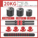 Kit de mancuernas ajustables de 20 kg color negro y rojo, con discos de 2 kg, 1.5 kg y 1.25 kg, dos barras roscadas, tuercas de seguridad y barra de extensión acolchada para entrenamiento en casa.