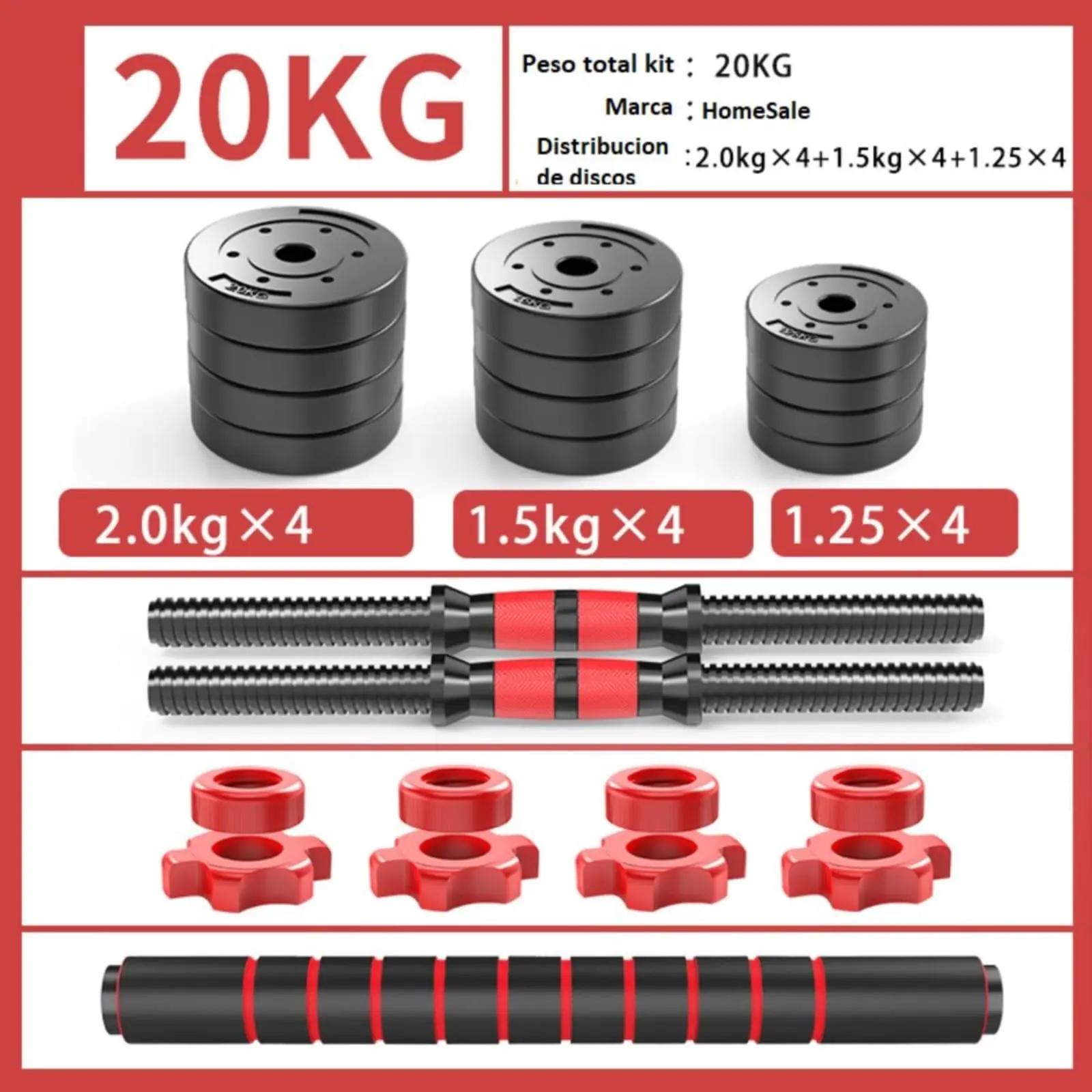 Kit de mancuernas ajustables de 20 kg color negro y rojo, con discos de 2 kg, 1.5 kg y 1.25 kg, dos barras roscadas, tuercas de seguridad y barra de extensión acolchada para entrenamiento en casa.