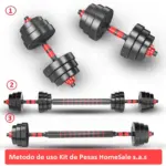 Set de mancuernas ajustables de 20 kg negras con detalles rojos, convertibles en barra larga para entrenamiento en casa.