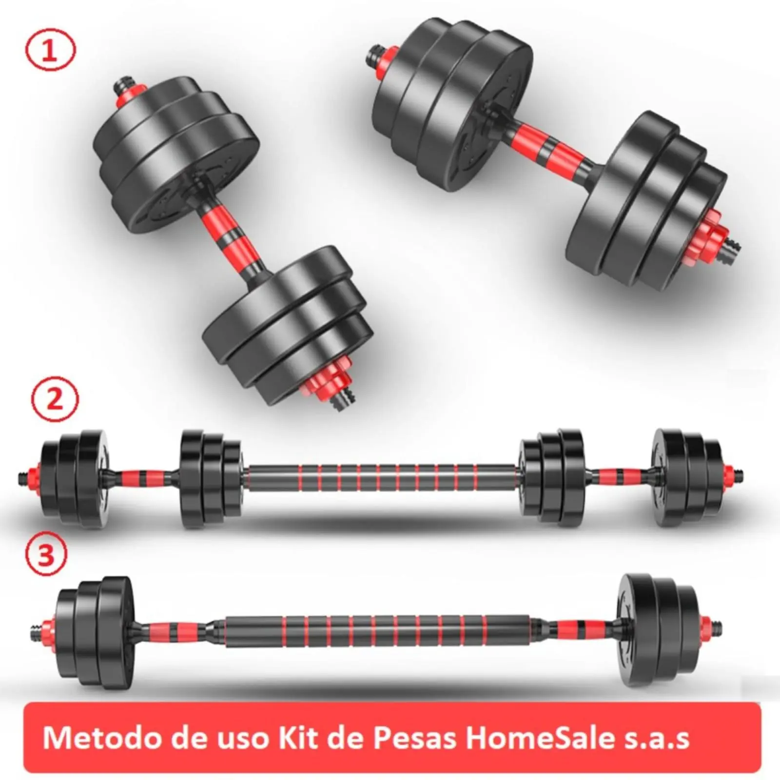 Set de mancuernas ajustables de 20 kg negras con detalles rojos, convertibles en barra larga para entrenamiento en casa.